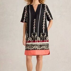 White Stuff 100% Linen June Shift Dress Boho Tribal Print Coral Hem Size 6